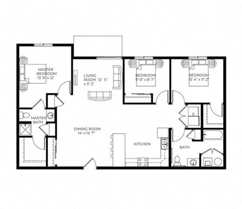 Floor plan for 3 beds, 2 baths, 1376 sqft
