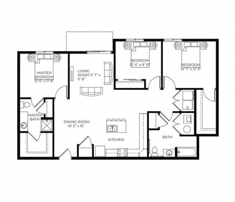 Floor plan for 3 beds, 2 baths, 1395 sqft