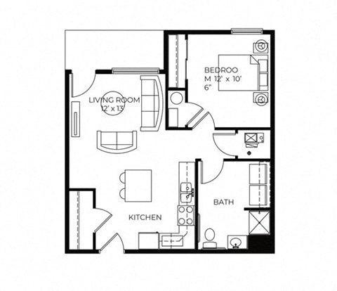 Floor plan for 1 bed, 1 bath, 630 sqft