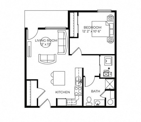 Floor plan for 1 bed, 1 bath, 630 sqft