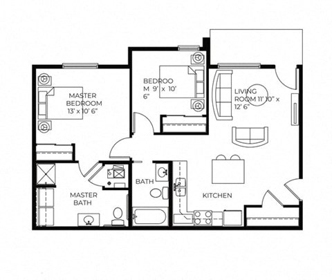 Floor plan for 2 beds, 2 baths, 850 sqft
