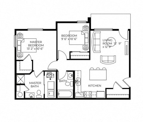 Floor plan for 2 beds, 2 baths, 850 sqft