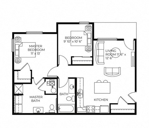 Floor plan for 2 beds, 2 baths, 850 sqft