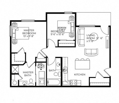 Floor plan for 2 beds, 2 baths, 850 sqft