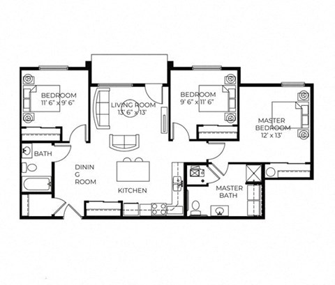 Floor plan for 3 beds, 2 baths, 1115 sqft