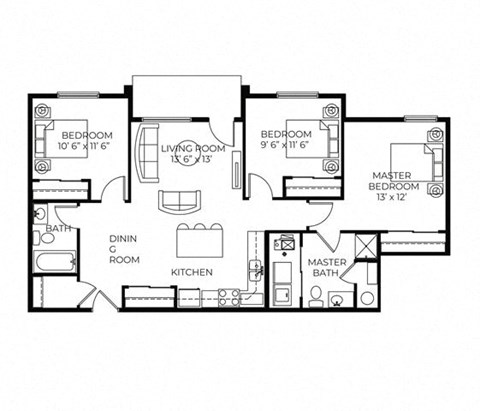 Floor plan for 3 beds, 2 baths, 1115 sqft