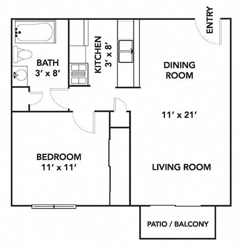 Floor plan for 1 bed, 1 bath, 579 sqft