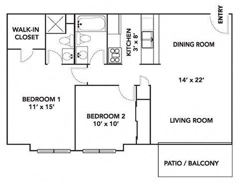 Floor plan for 2 beds, 2 baths, 902 sqft
