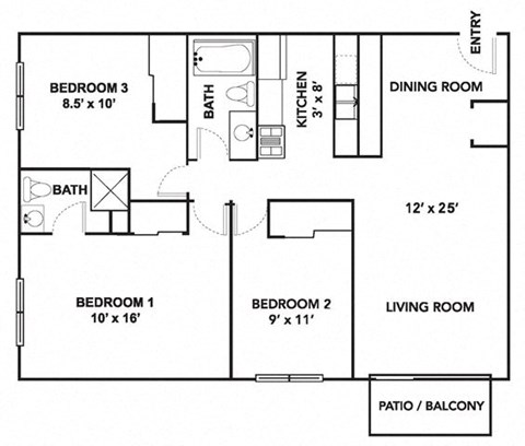 Floor plan for 3 beds, 2 baths, 1004 sqft