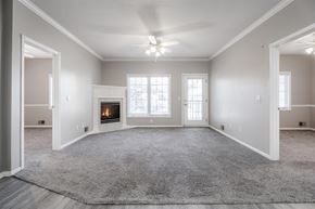 West Des Moines apartment for rent - A spacious living room with a fireplace and a grey carpet.at Diamond Brooke, West Des Moines, IA  