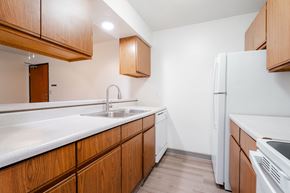 Urbandale apartment for rent - A kitchen with wooden cabinets and a white fridge. at Bristol Ridge, Urbandale, 50322