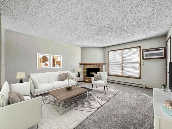 Sioux Falls apartment for rent - a living room with white furniture and a fireplace at Creekstone Falls, Sioux Falls, SD