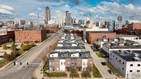 Des Moines apartment for rent - A cityscape with a mix of residential and commercial buildings.
