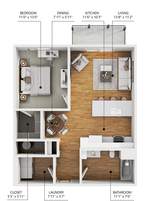 Floor plan for 1 bed, 1 bath, 717 sqft