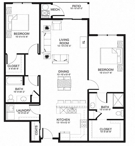 Floor plan for 2 beds, 2 baths, 1224 sqft