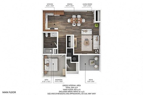 Floor plan for 1 bed, 1 bath, 804 sqft