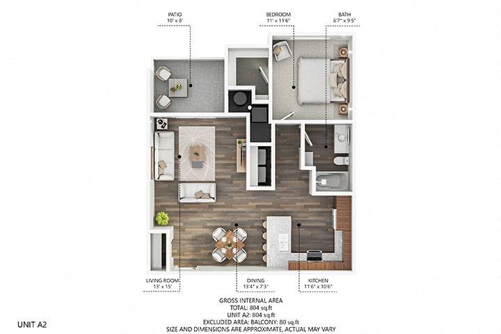 Floor plan for 1 bed, 1 bath, 804 sqft