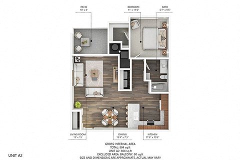 Floor plan for 1 bed, 1 bath, 804 sqft