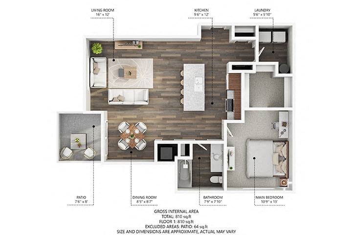 Floor plan for 1 bed, 1 bath, 848 sqft
