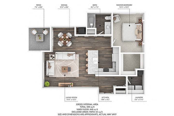 Floor plan for 1 bed, 1 bath, 848 sqft