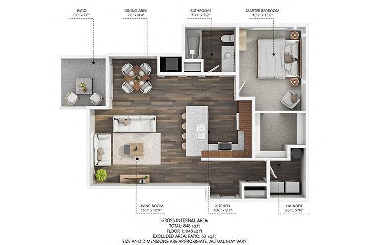 Floor plan for 1 bed, 1 bath, 848 sqft