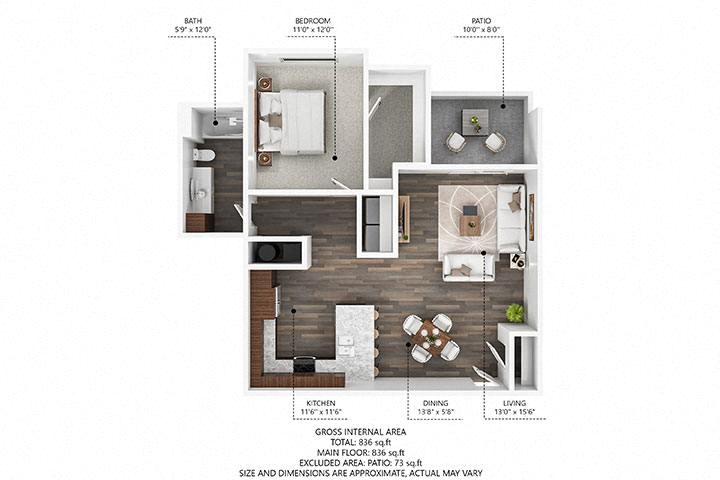 Floor plan for 1 bed, 1 bath, 891 sqft
