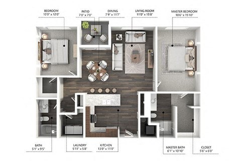 Floor plan for 2 beds, 2 baths, 1085 sqft