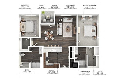 Floor plan for 2 beds, 2 baths, 1085 sqft
