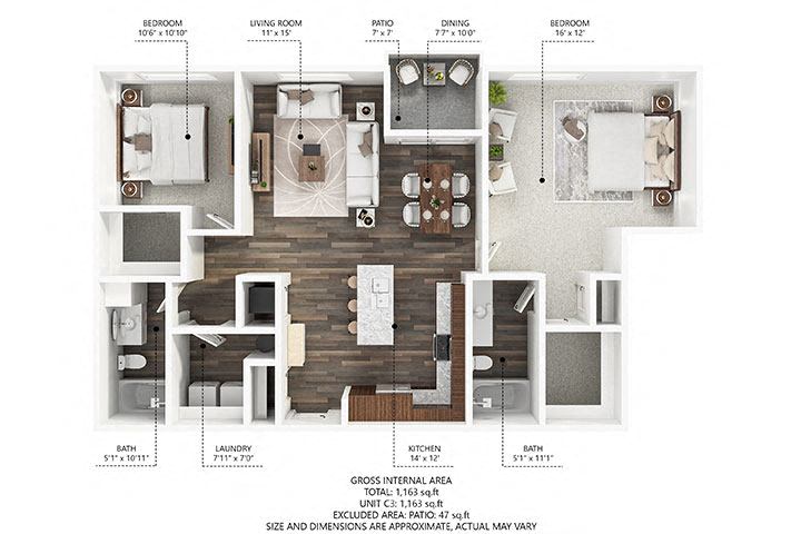 Floor plan for 2 beds, 2 baths, 1163 sqft
