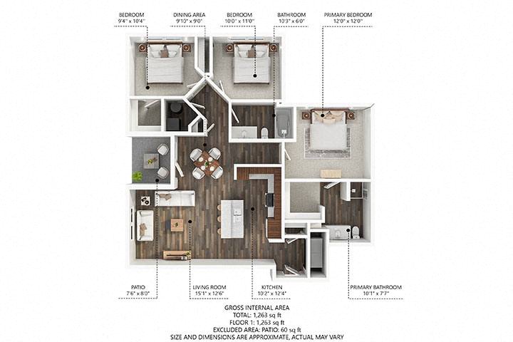 Floor plan for 3 beds, 2 baths, 1226 sqft