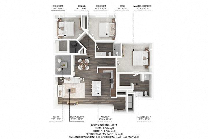 Floor plan for 3 beds, 2 baths, 1226 sqft