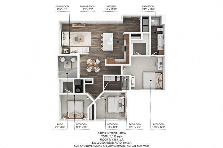 Floor plan for 3 beds, 2 baths, 1265 sqft