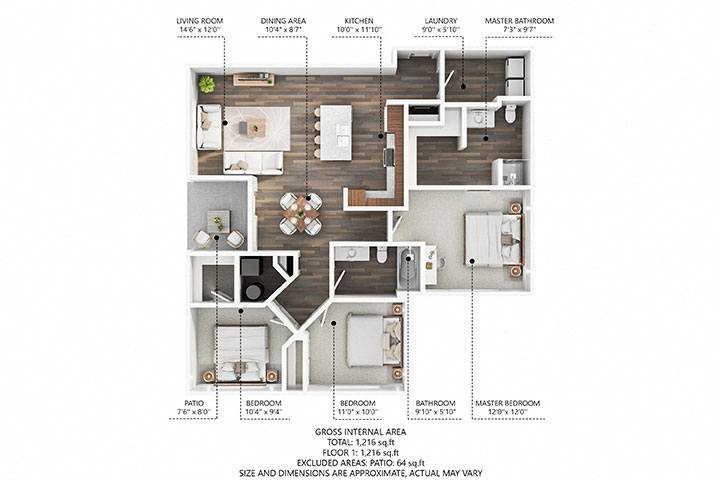 Floor plan for 3 beds, 2 baths, 1265 sqft