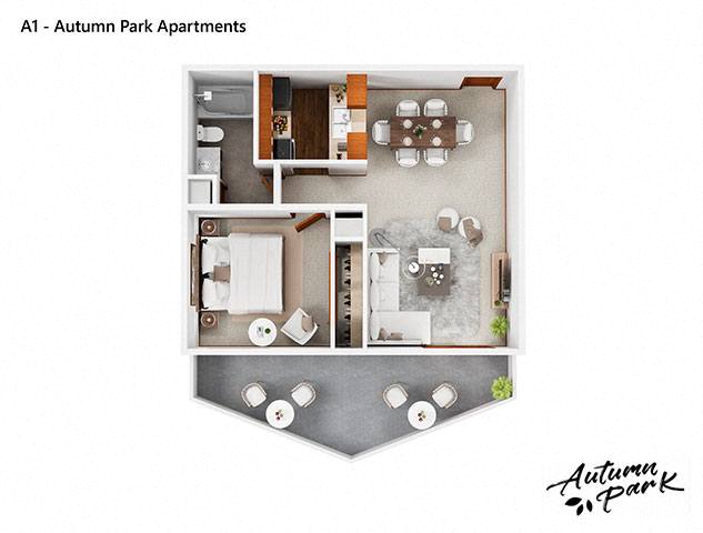 Floor plan for 1 bed, 1 bath, 572 sqft