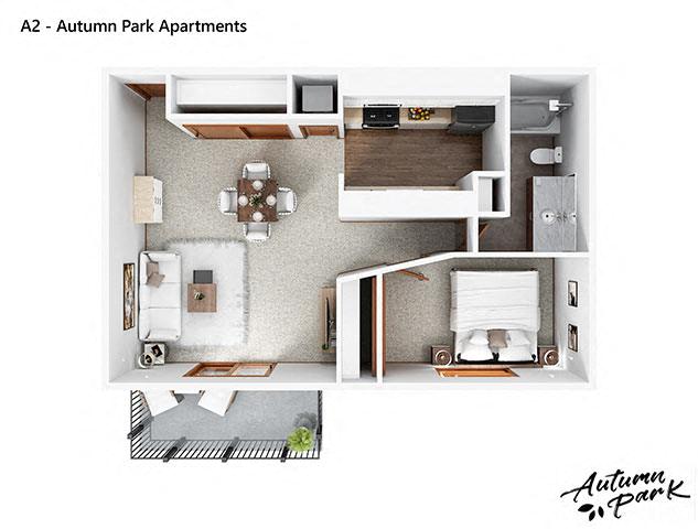 Floor plan for 1 bed, 1 bath, 660 sqft