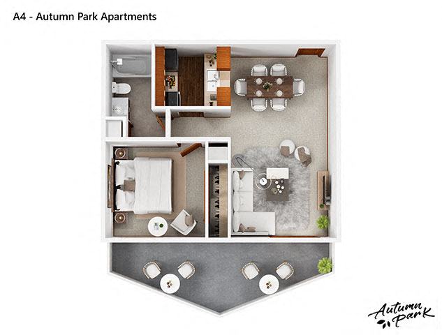 Floor plan for 1 bed, 1 bath, 728 sqft