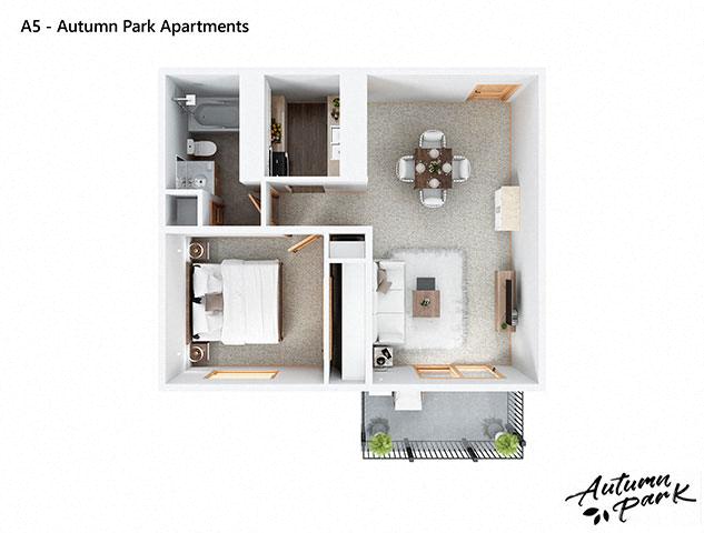 Floor plan for 1 bed, 1 bath, 768 sqft