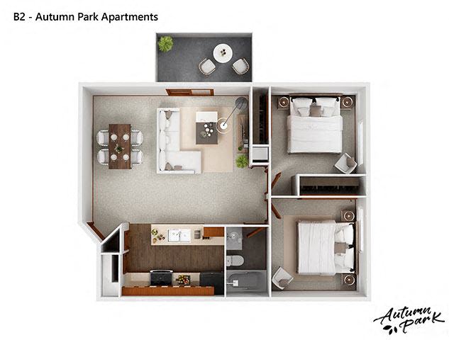 Floor plan for 2 beds, 1 bath, 808 sqft