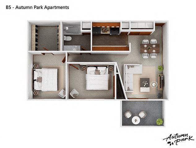 Floor plan for 2 beds, 1 bath, 968 sqft