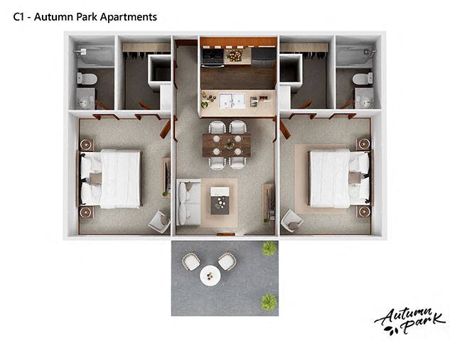Floor plan for 2 beds, 2 baths, 901 sqft