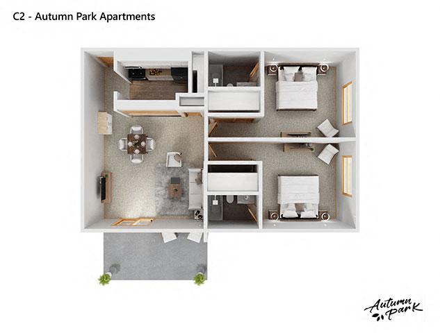 Floor plan for 2 beds, 2 baths, 972 sqft