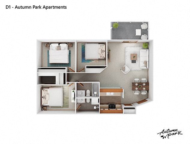 Floor plan for 3 beds, 2 baths, 1050 sqft