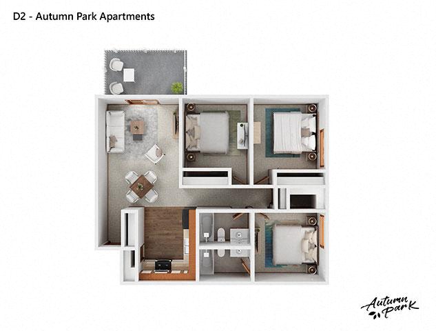Floor plan for 3 beds, 2 baths, 1164 sqft