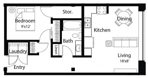 Floor plan for 1 bed, 1 bath, 625 sqft