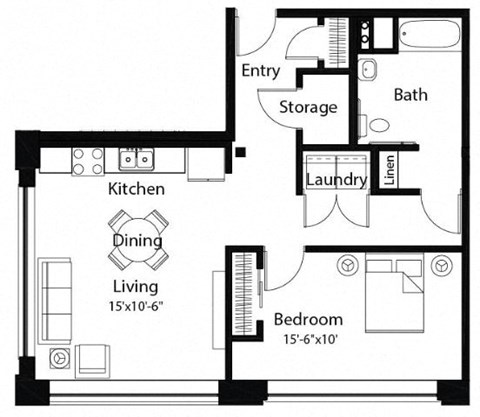 Floor plan for 1 bed, 1 bath, 767 sqft