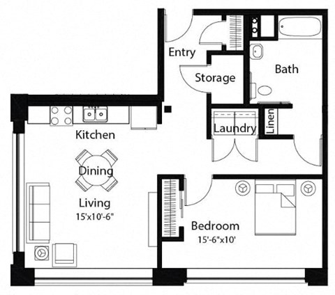 Floor plan for 1 bed, 1 bath, 760 sqft
