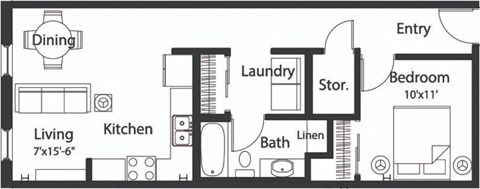 Floor plan for 1 bed, 1 bath, 628 sqft