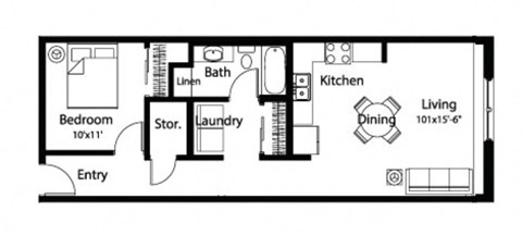 Floor plan for 1 bed, 1 bath, 676 sqft