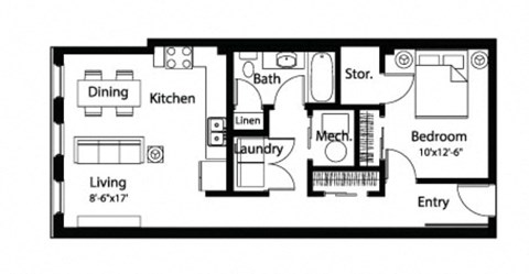 Floor plan for 1 bed, 1 bath, 709 sqft