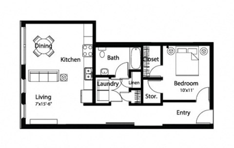 Floor plan for 1 bed, 1 bath, 782 sqft